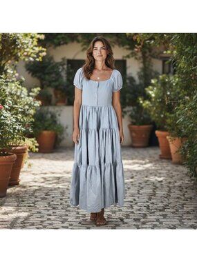 Vintage Blue Womens Peasant Dress 9/10 Denim Tiered Boho Cap Sleeve Maxi As Is